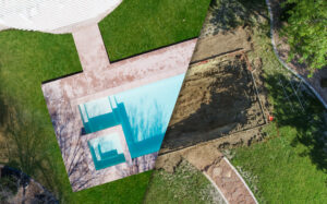 Aerial of Before and After Pool Build Construction Site.