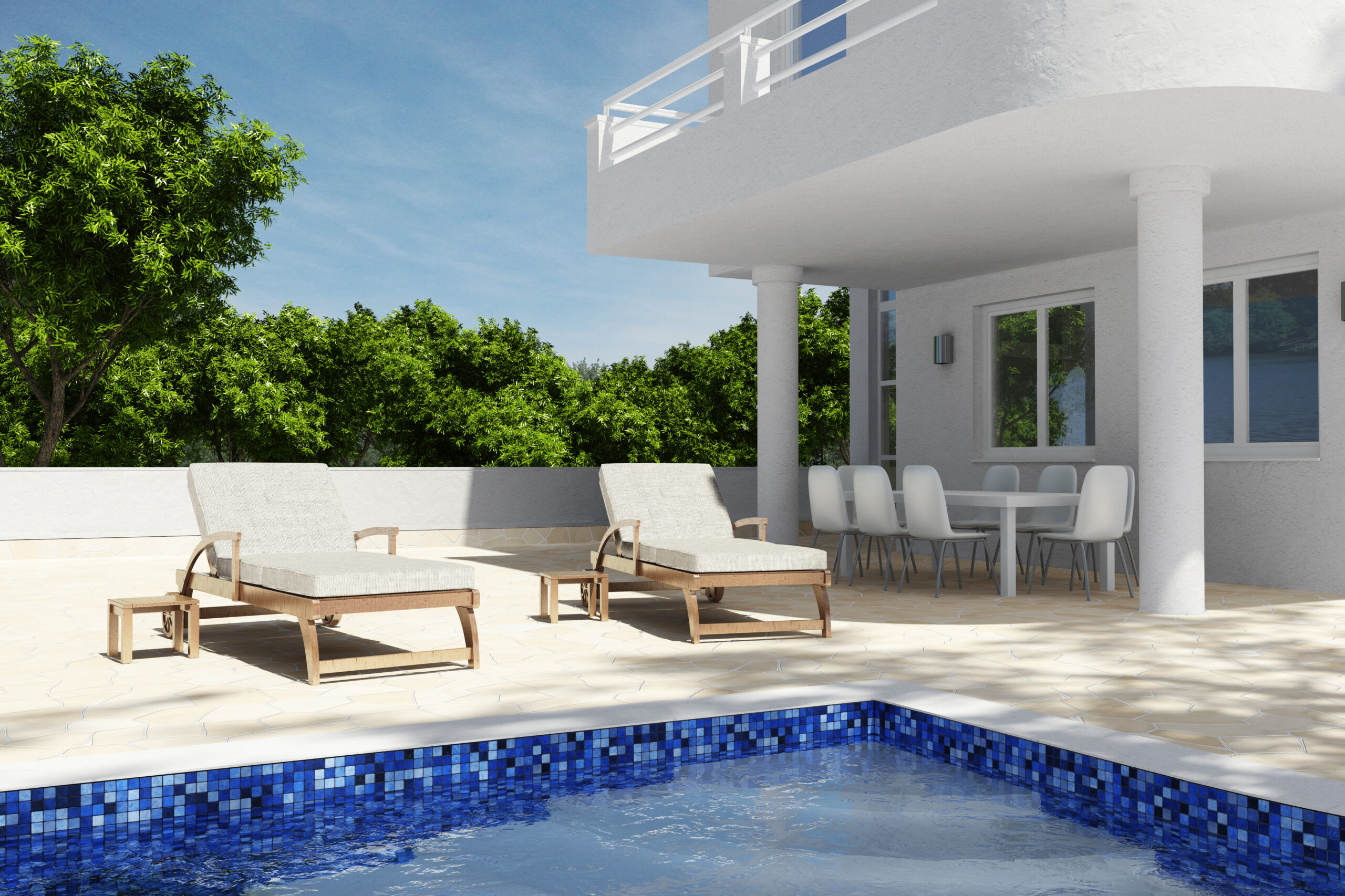 Swimming pool scenario with blue sky and seats