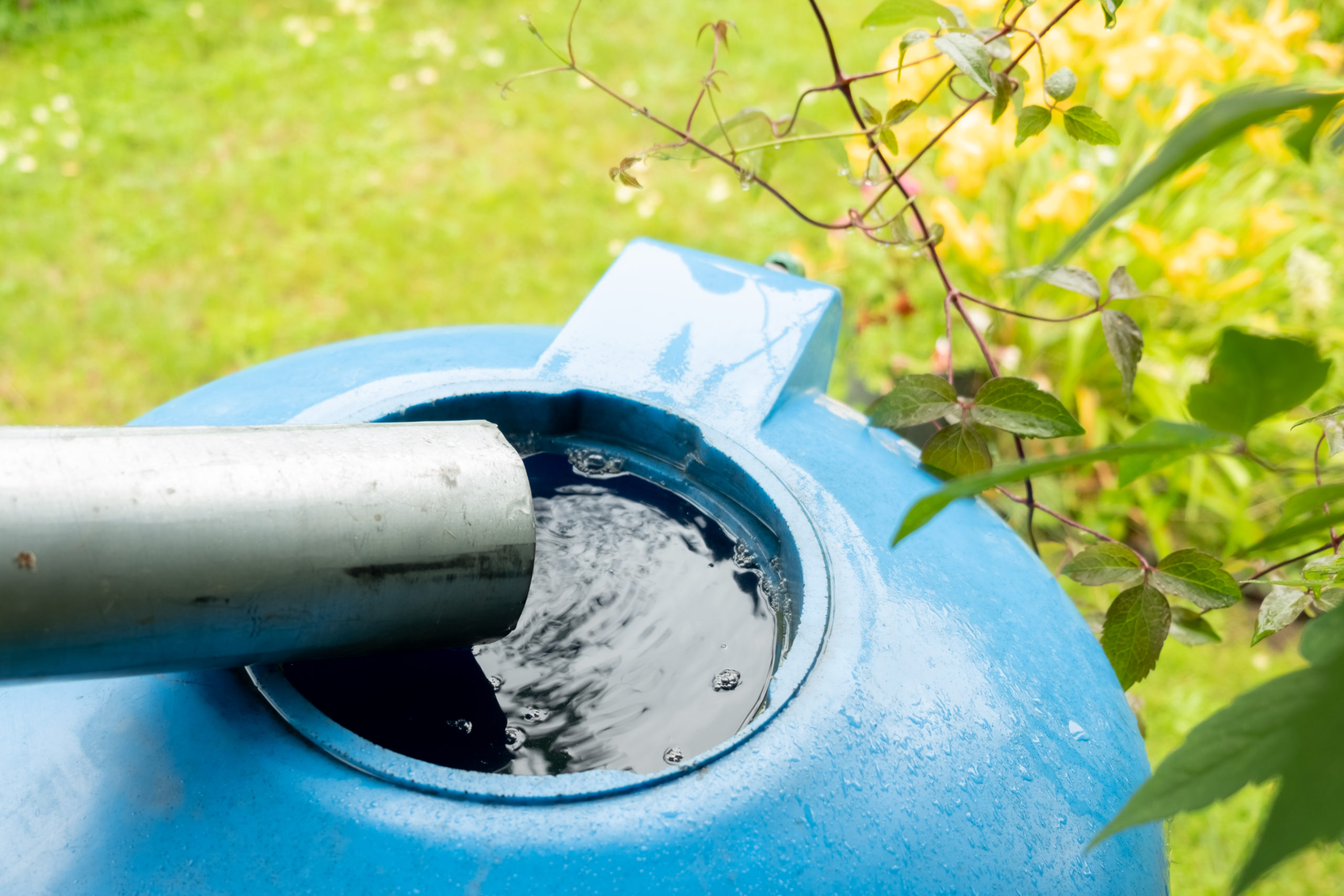 water collection tank under a roof with a drain. Rain water harvesting architecture. Top view. Blur and selective focus