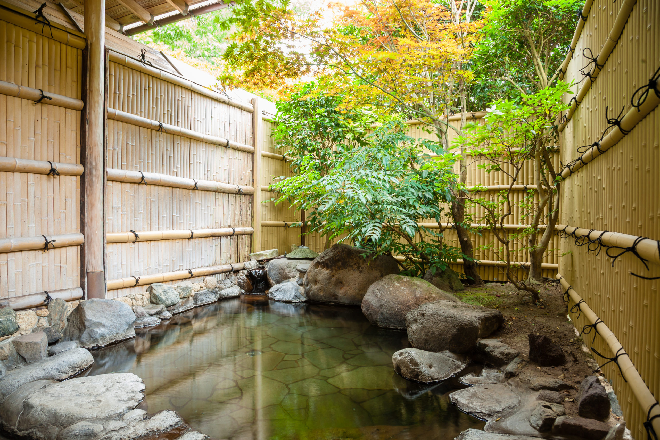 Traditional Japanese 'onsen' inspired pools, with serene natural surroundings, wooden architecture, and soothing thermal waters, offering a tranquil and rejuvenating experience.