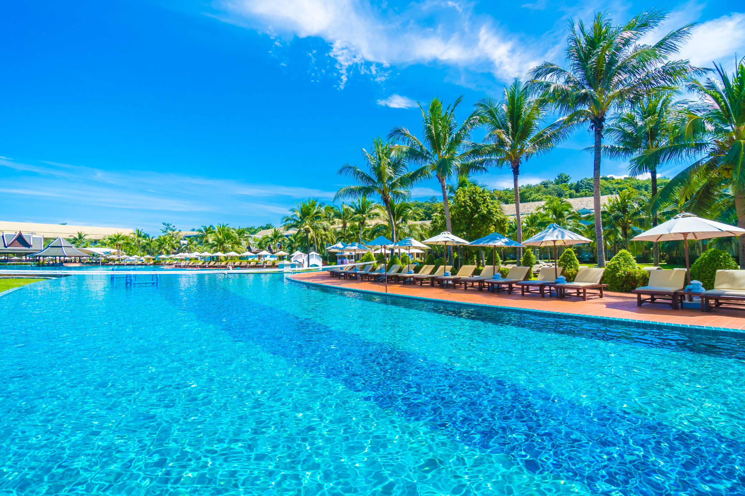 An infinity pool, also known as a vanishing-edge pool, with water seemingly extending to the horizon