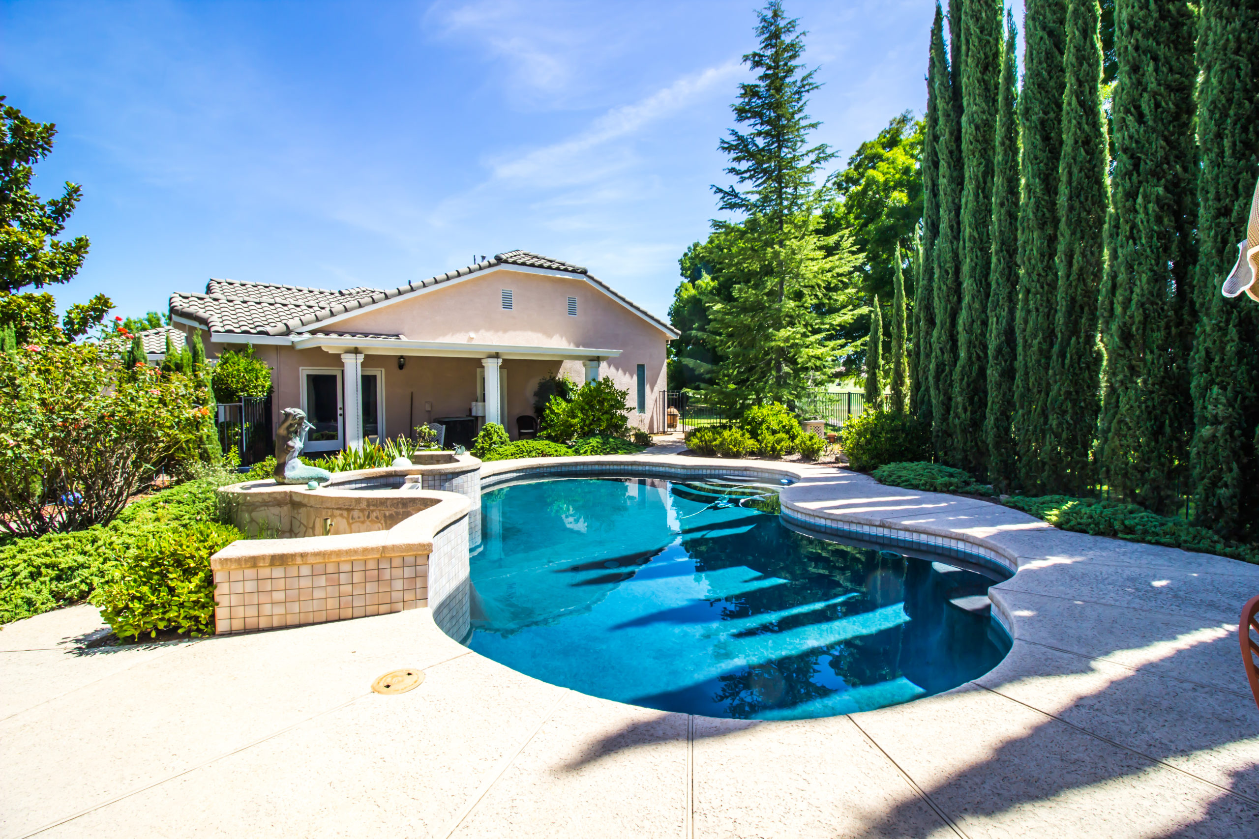 A freeform-shaped swimming pool located at the front of a house, with a unique and organic design that complements the architectural aesthetics of the home's exterior.