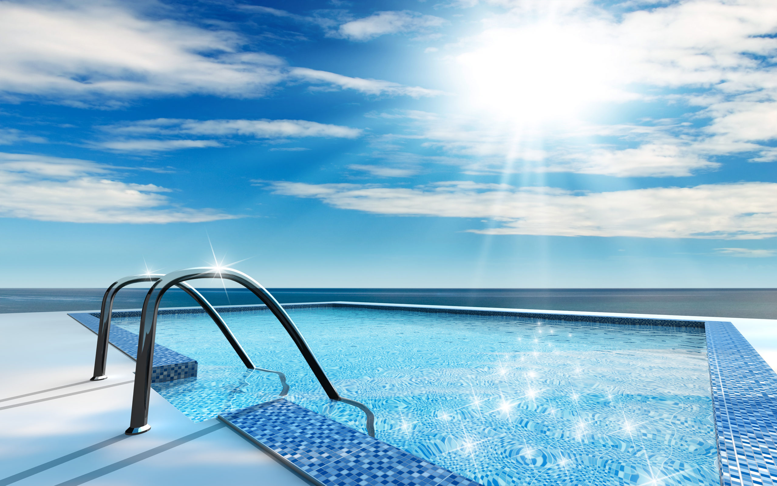 Sunlight illuminating a pool, causing it to sparkle and shimmer, creating a beautiful and inviting scene.