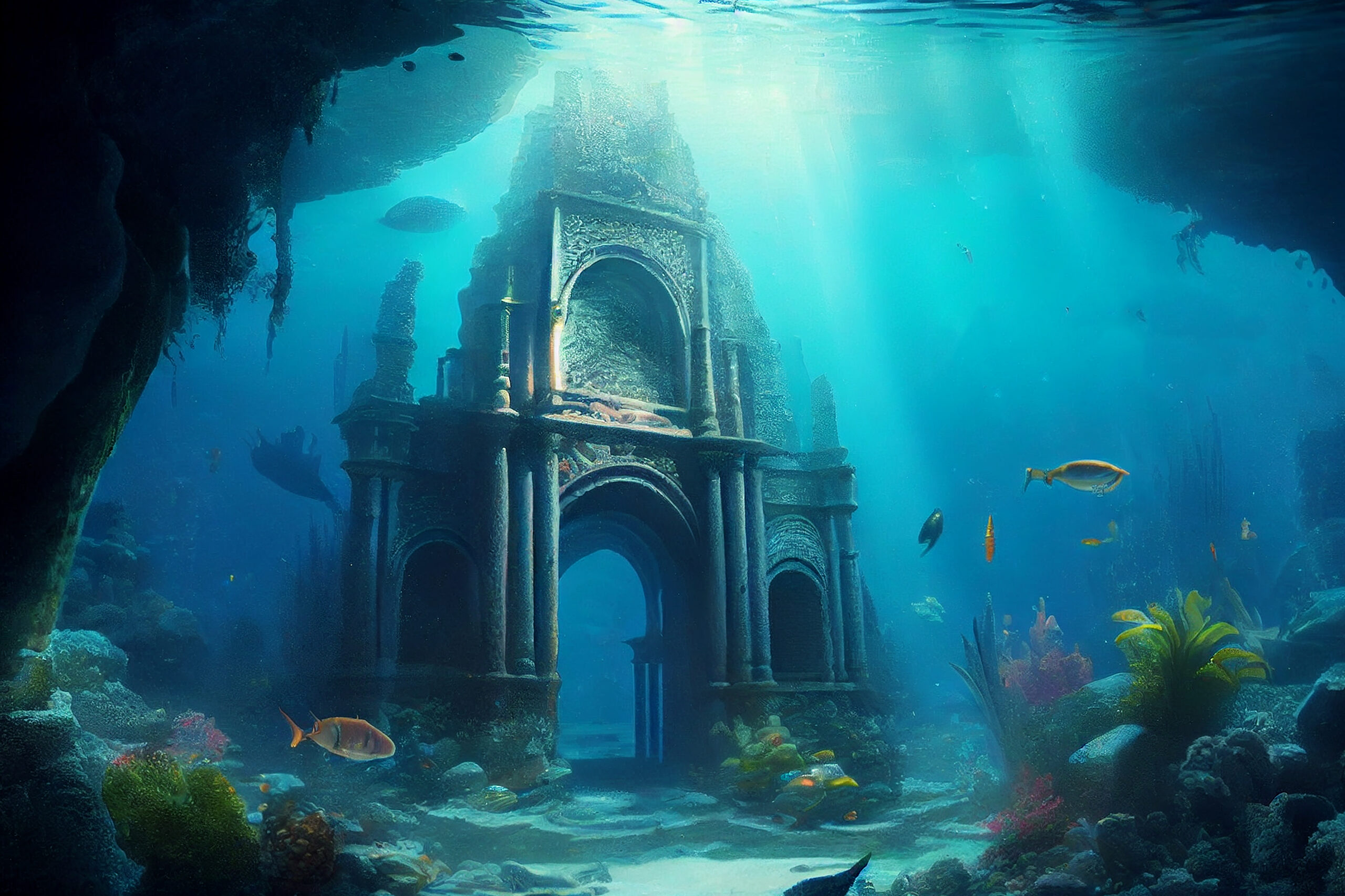 An underwater fantasy scene, showcasing an imaginative and dreamlike world beneath the water's surface, with colorful marine life, corals, and surreal elements.