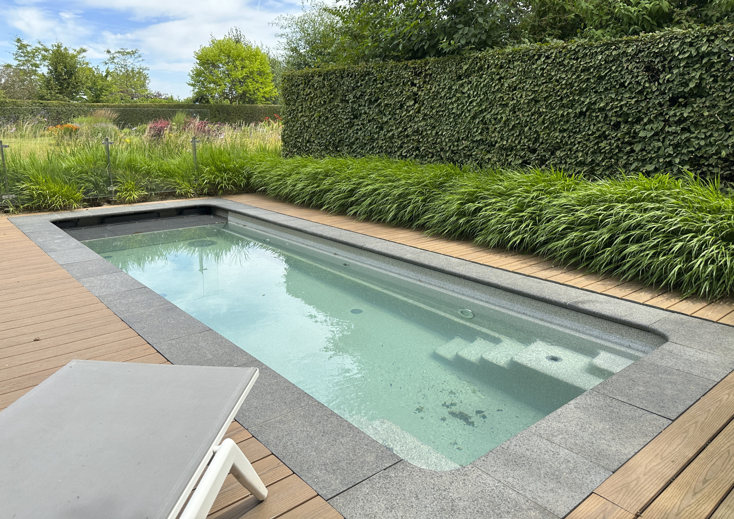 A small rectangular pool, providing a compact and clean design for aquatic relaxation and enjoyment in a limited space.